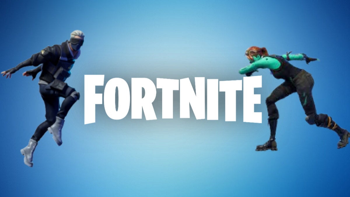 Fortnite cover image showing two characters sprinting at either side of the official logo, on a blue gradient background.