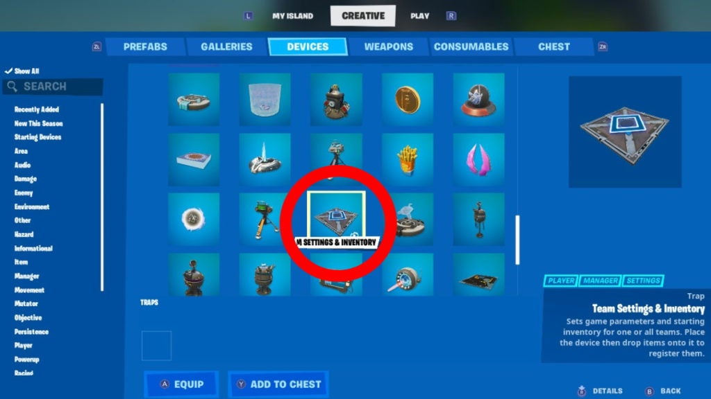 The Fortnite Creative Mode menu in the 'Devices' tab, with the 'Team Settings & Inventory' Trap circled.