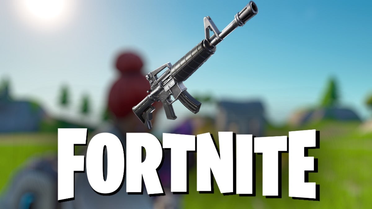 A blurred screenshot of firing a weapon in Fortnite, with an Assault Rifle image and official game logo placed over it.