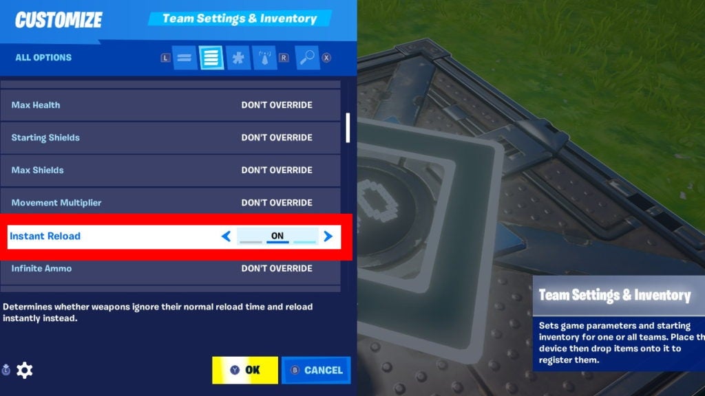 'Team Setting & Inventory' Trap options, with the instant reload option toggled to 'On', and highlighted with a red rectangle.