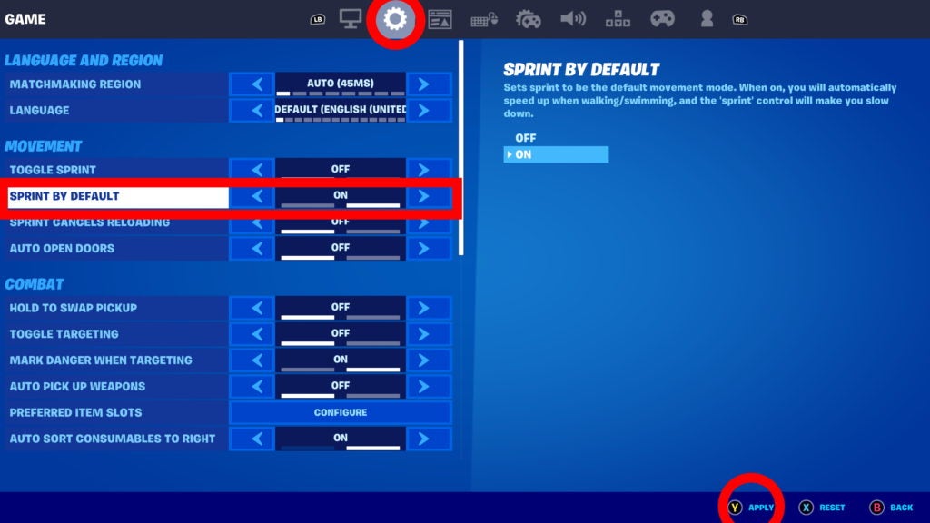 Settings menu in Fortnite with Game tab circled in red, and Sprint by Default, and Apply options also circled in red.