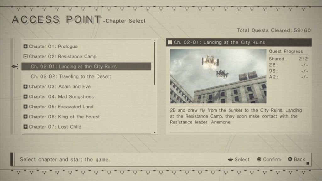 Chapter Select menu in Nier Automata.