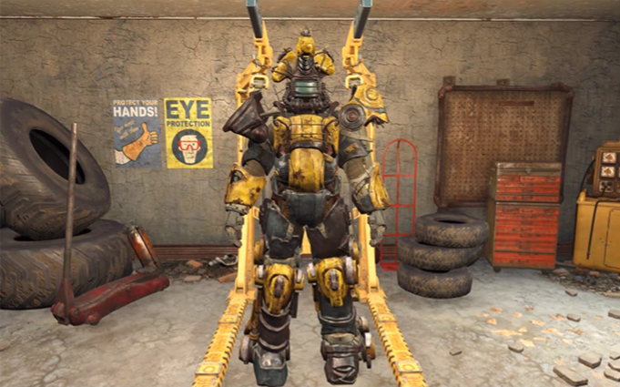 An odd-looking yellow power armor in a power armor station.