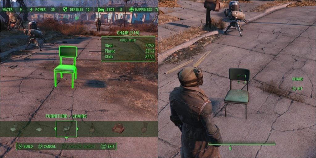 Crafting and placing a simple chair on a road and then looking at it.
