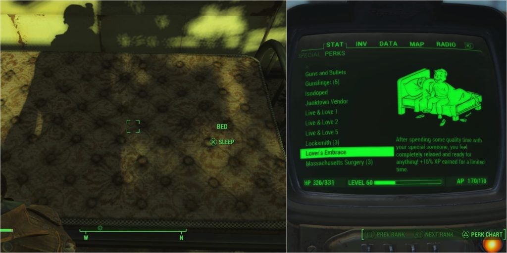 A bed and then looking at the lover's embrace perk in their pip-boy menu.