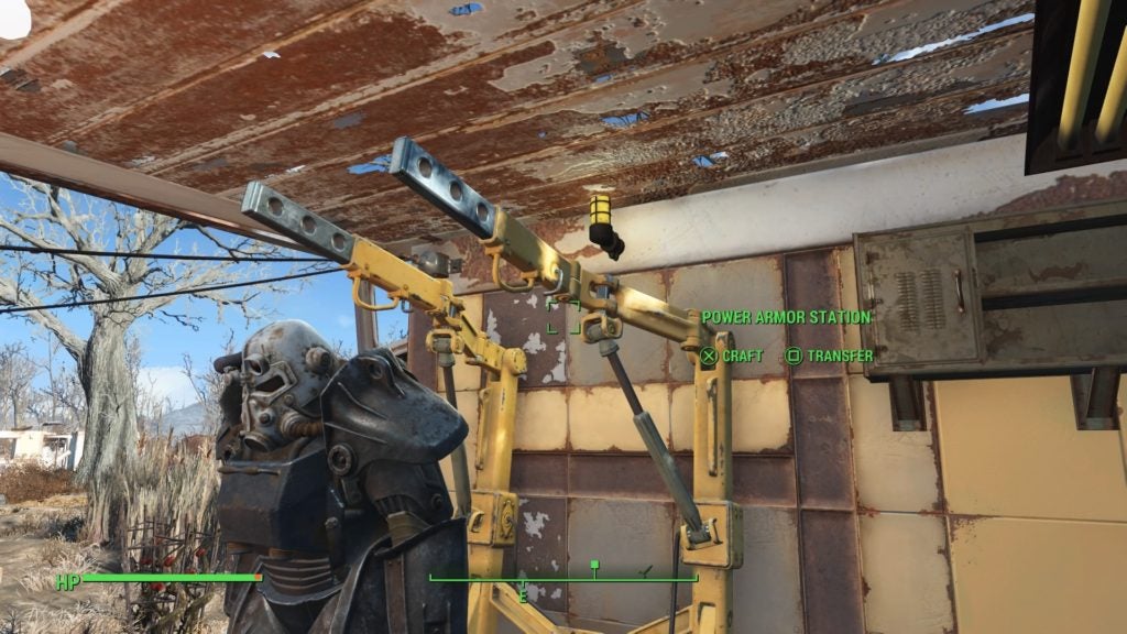 A close up of the prompt in front of a power armor station that lets the player interact with it.