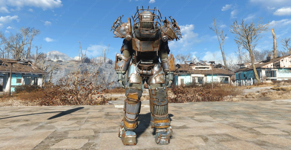 The player standing in rusty and makeshift power armor looted from bandits.