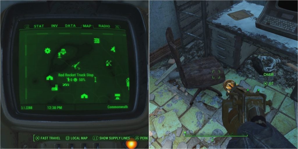 The red rocket truck stop on the map and then looking at a chair inside of the same location.