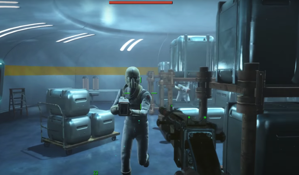 A synth enemy pointing a gun at the player and firing at them.