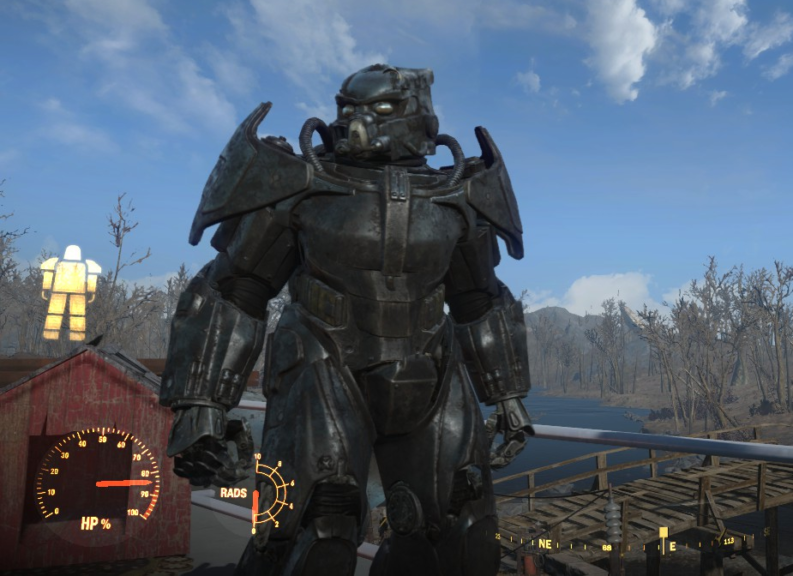 A unique and sinister black power armor seen in third person view.