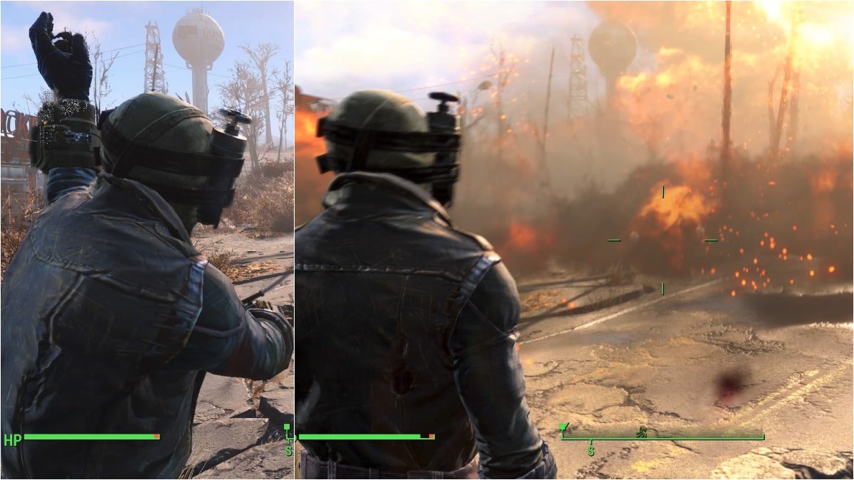 The player in third person view throwing a grenade and then watching it explode a broken car on the road in a fiery blast.