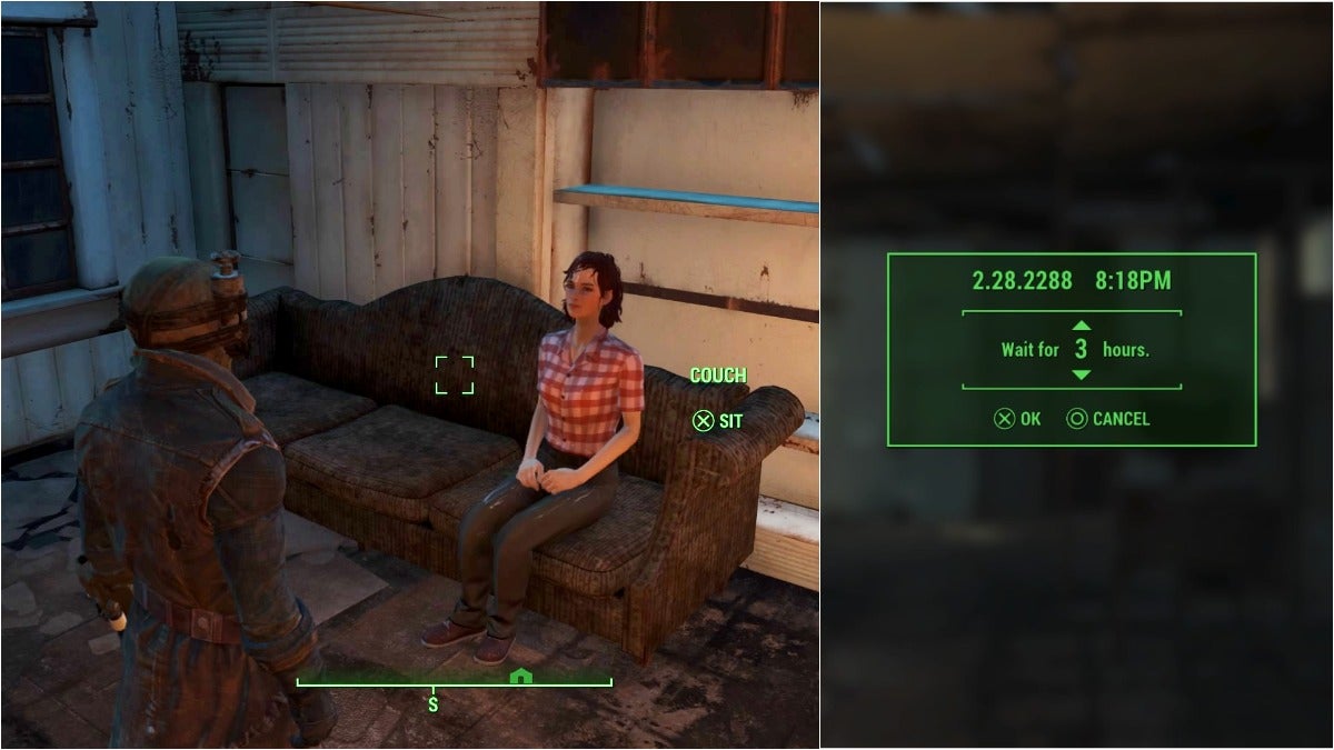 The player about to sit on a couch next to a companion and the waiting menu.