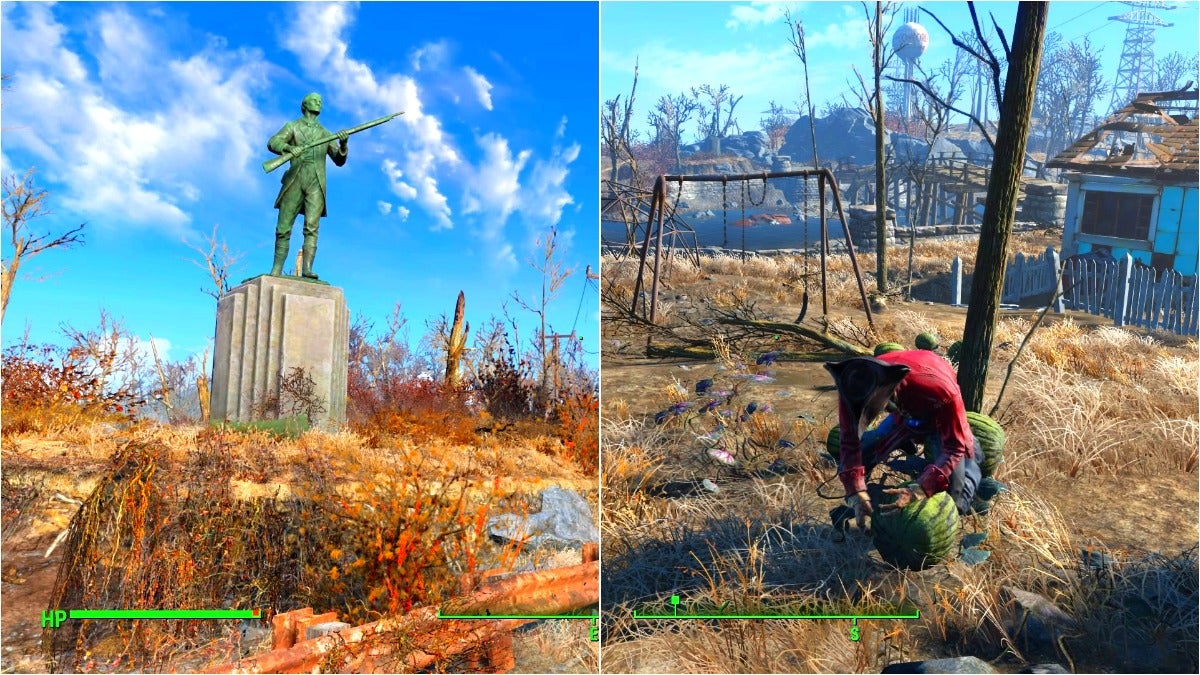A statue of a soldier and on the right is the companion hancock harvesting a watermelon in sanctuary hills.