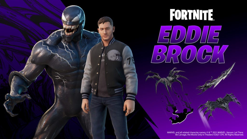Fortnite versions of Eddie Brock and Venom on a black and purple background with symbiote items.