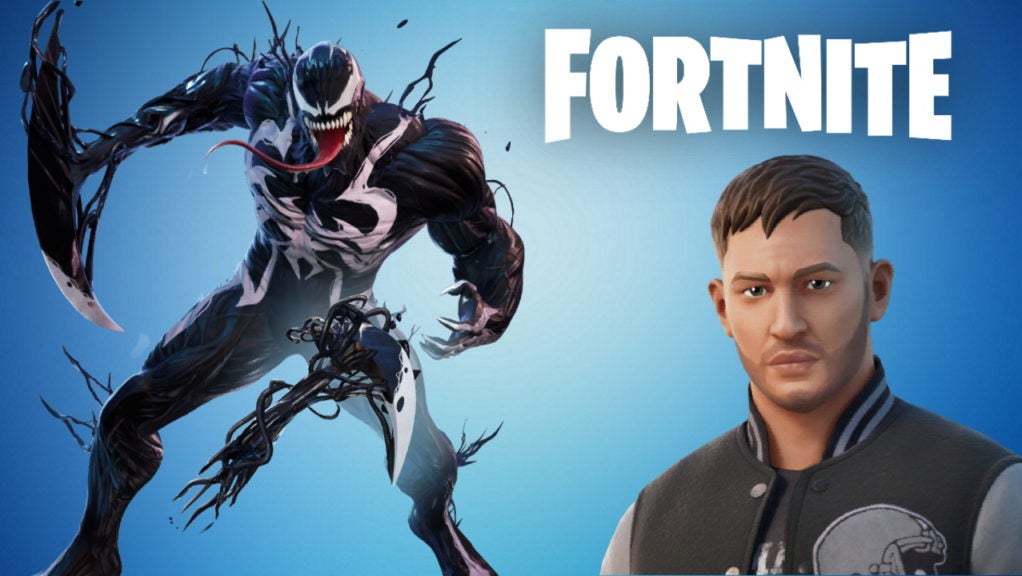 Venom and Eddie Brock cosmetic skins from Fortnite on a blue background with the Fortnite logo.