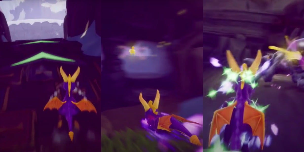 Spyro using the supercharge in High Caves to kill the first 3 spiders.