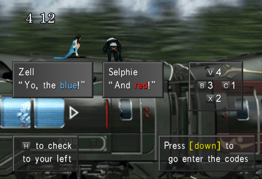 Zell and Selphie helping Rinoa and Squall navigate the roof of the train without getting caught.