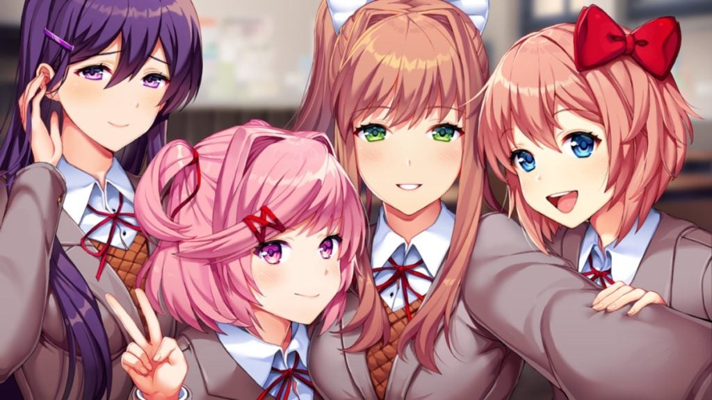 Yuri, Natsuki, Monika, and Sayori of Doki Doki Literature Club.