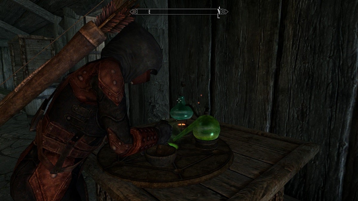 The player is doing alchemy in Skyrim.