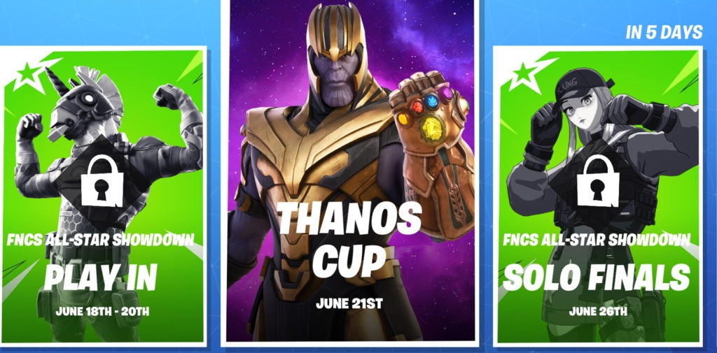 Fortnite tournament menu, with Thanos Cup highlighed.