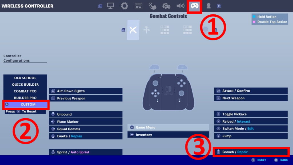Fortnite's controller options tab, with the custom controls and crouch input select highlighted.