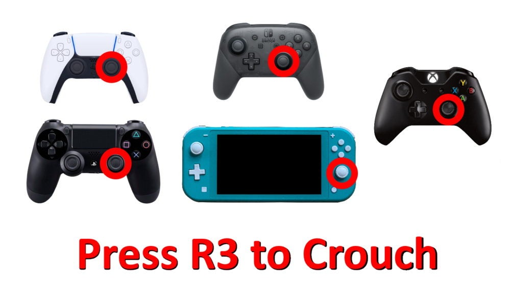 The Switch Lite console, and PS5, PS4, Xbox Series X, and Switch Pro controllers on a white background. Text reads: Press R3 to Crouch.
