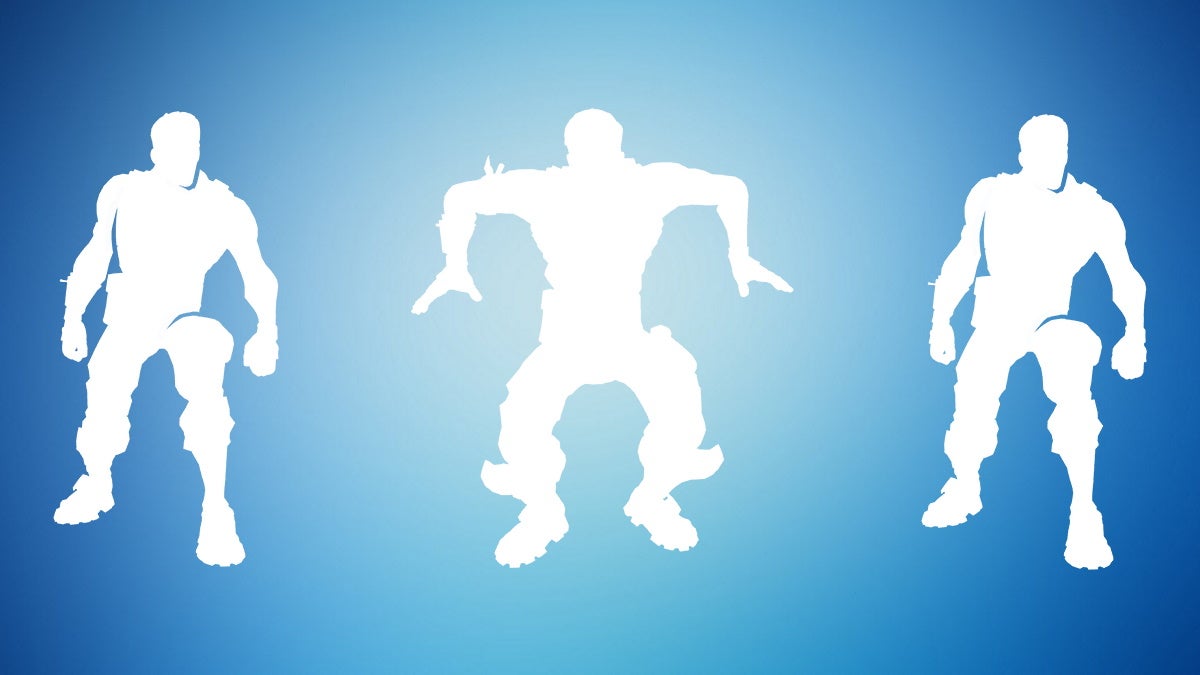 Three Fortnite crouching animation emotes, on a blue gradiant background.