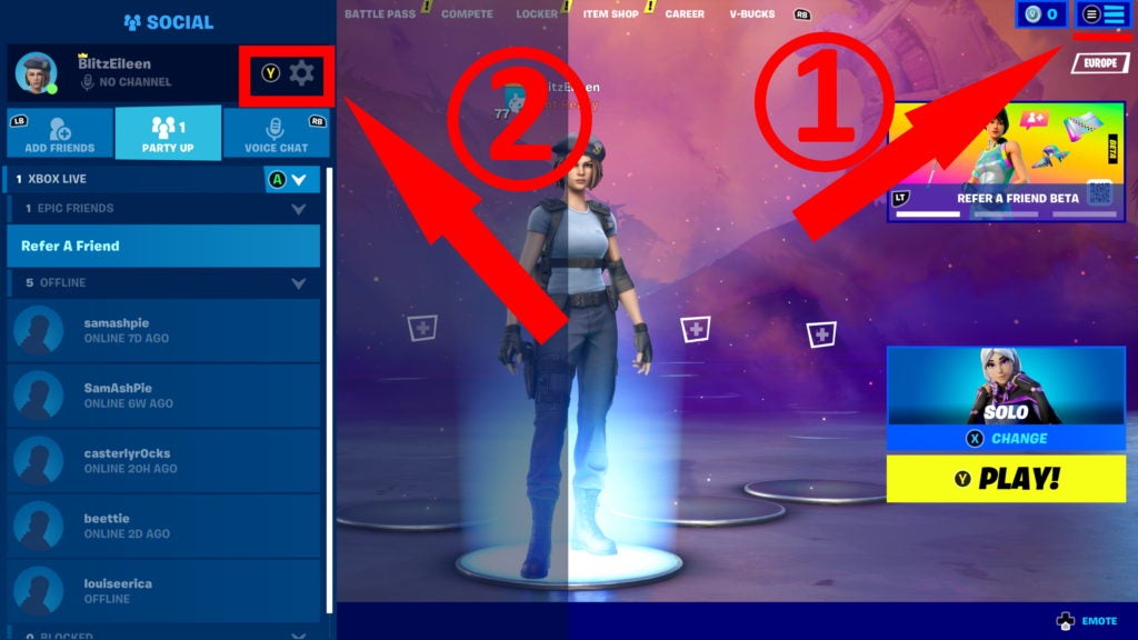 Fortnite's main menu with numbers and arrows pointing at the options to sit out.