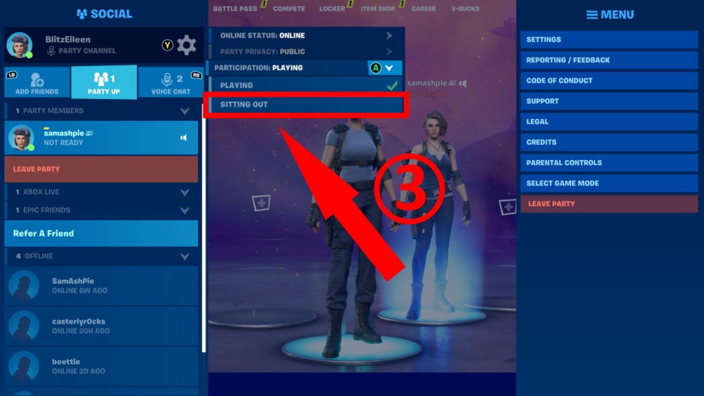 Fortnite social setting menu with the option to sit out highlighted with an arrow and the number three.