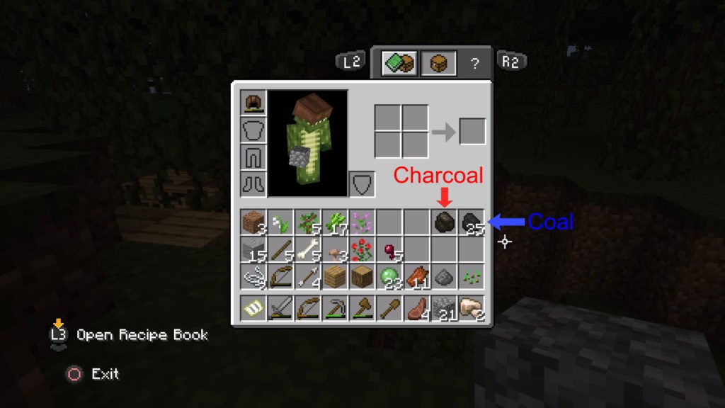 The player with charcoal and coal in their inventory. Charcoal is a dark brown lump and coal is a black lump.