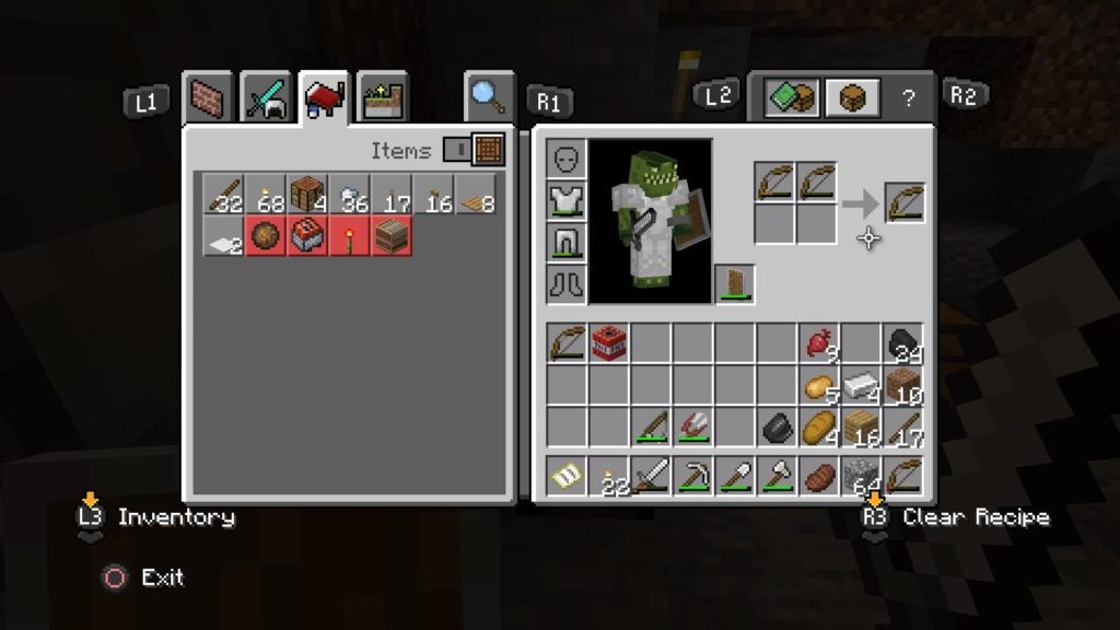 The player putting 2 damaged bows into their inventory crafting grid to combine them.
