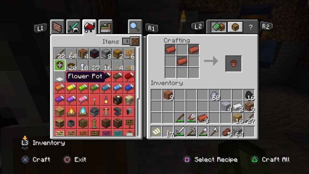 The player making a flower pot on a crafting table with 3 brick.