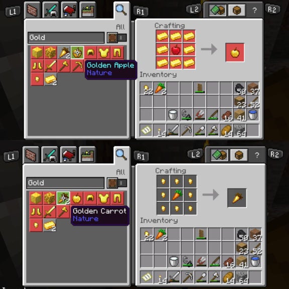 The top half of the image is the player making a golden apple on a crafting table while the bottom half of the image is them making a golden carrot on the crafting table.