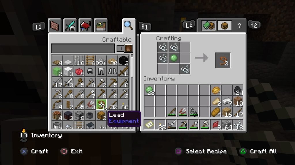 The player using 4 strings and a ball of green slime to make a lead on a crafting table.