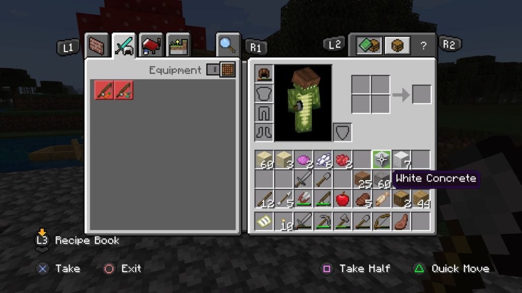 The player looking at a block of white concrete in their inventory screen. They have a crocodile skin on their character model.