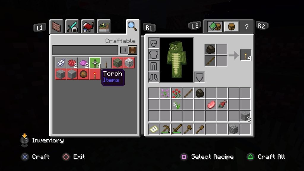The player making torches from charcoal and sticks at in the inventory menu.