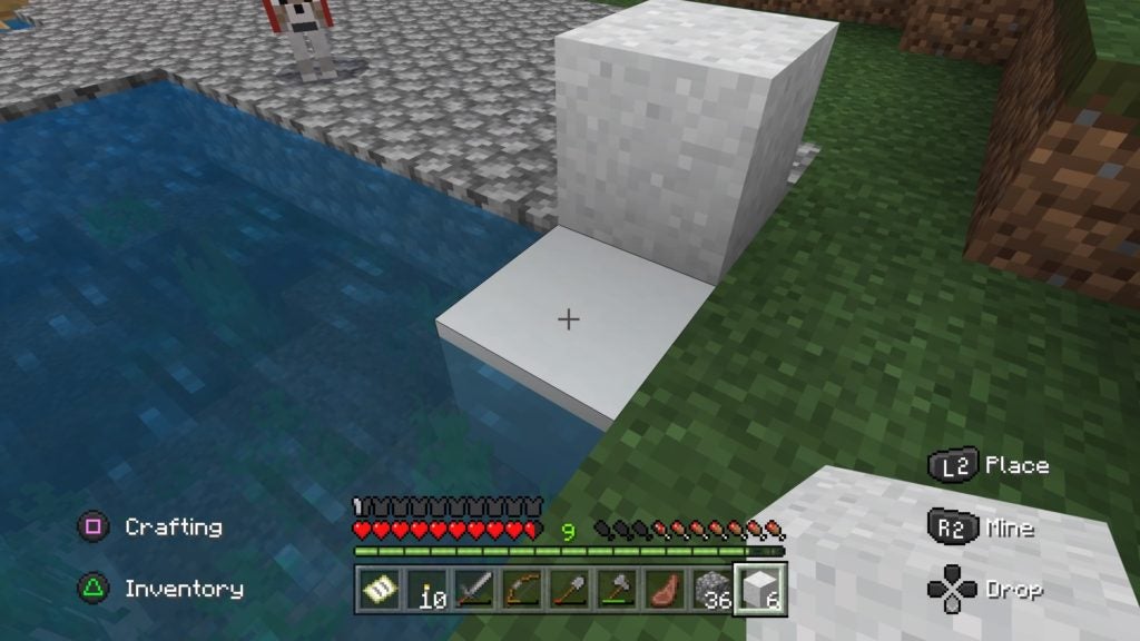 The player looking at a solid block of white concrete that is in the water. There is a block of white concrete powder above it on land.