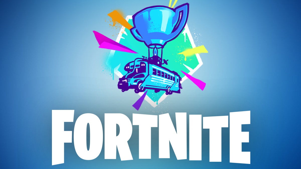 Fortnite official symbol and world cup symbol on a blue gradient background.