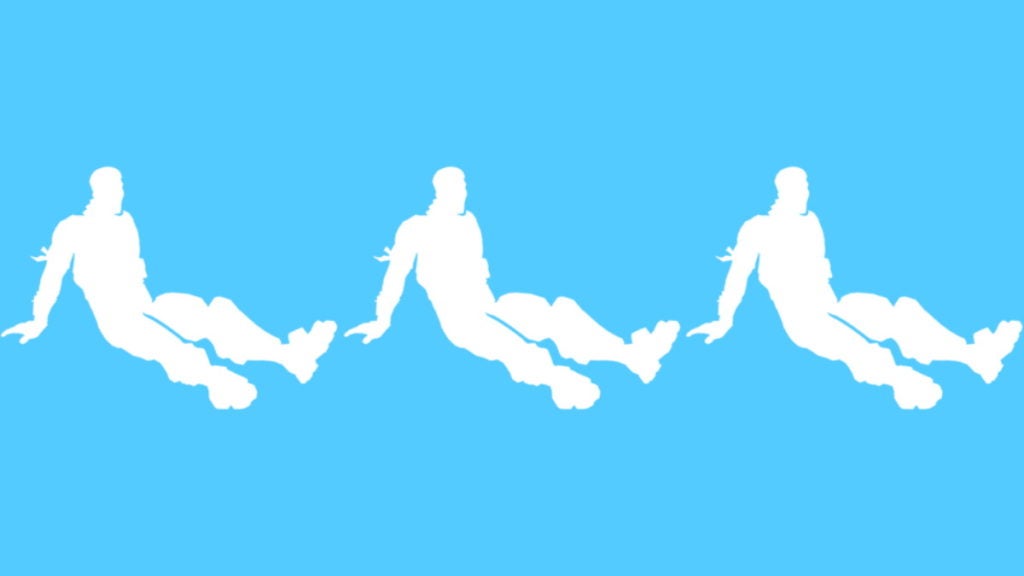 Fortnite symbol for sitting emote repeated three times, on a blue background.