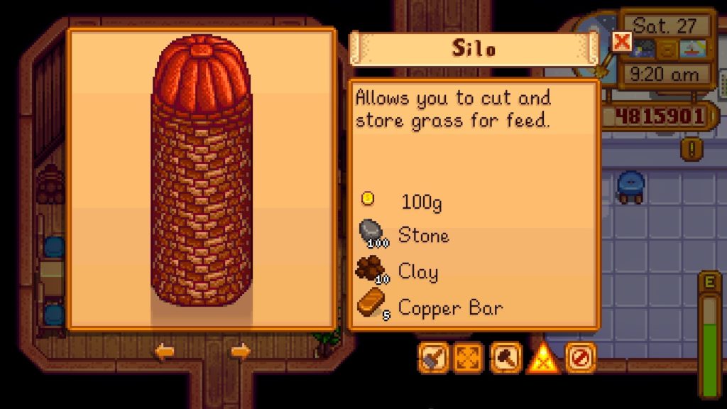 Buying a silo from Robin in the Carpenter's Shop.