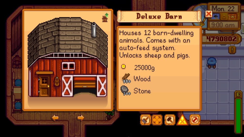 The requirements for a Deluxe Barn upgrade.