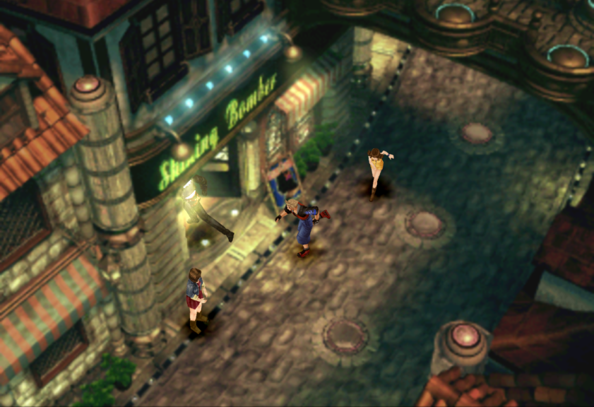 Squall, Selphie, and Zell head into the "Shining Bomber" pub.