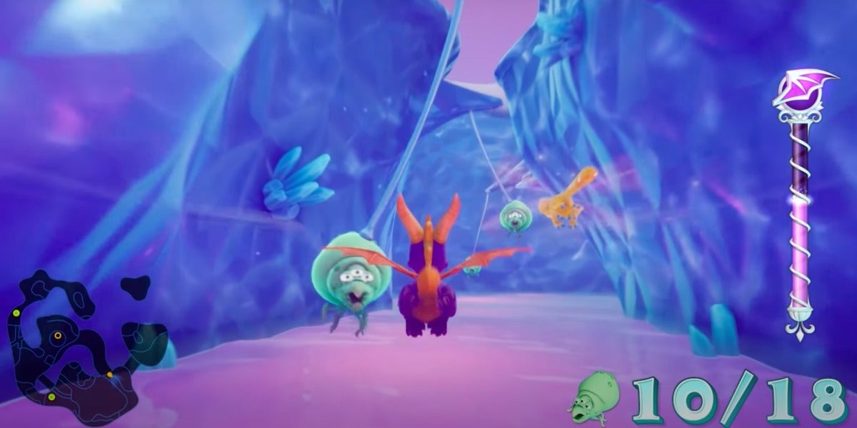 Spyro flying over poisonous liquid in Crystal Glacier. 