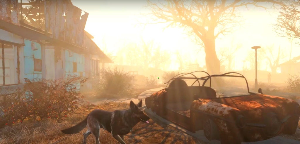 The player in first person view looking at dogmeat the companion dog and a broken car at fov set to 75.