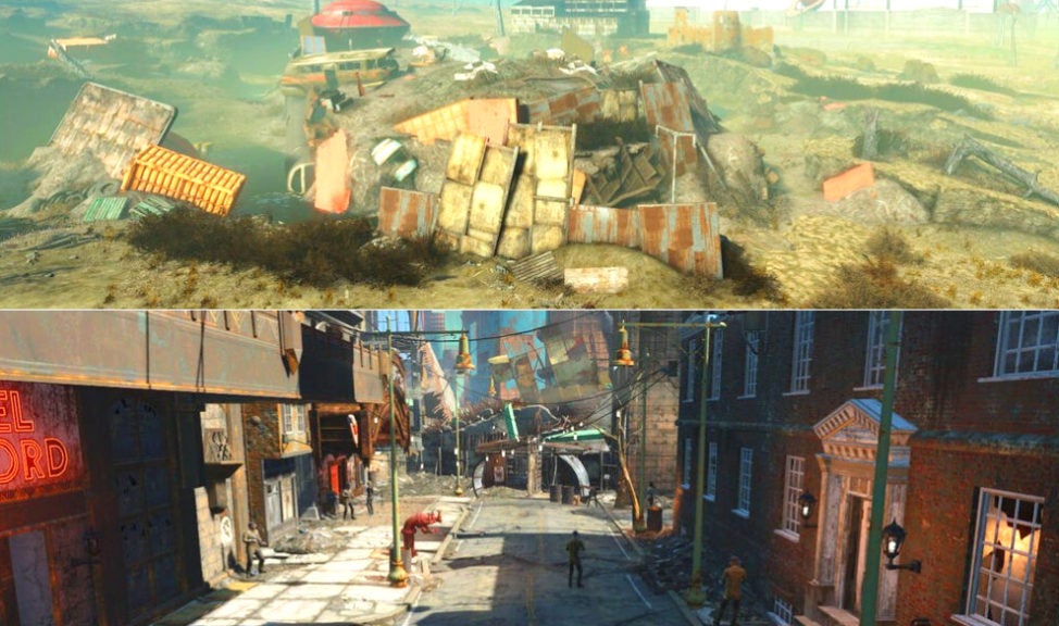 Split image where the top one shows the rusty metallic remains in a junkyard and the bottom one shows a street in the city goodneighbor.