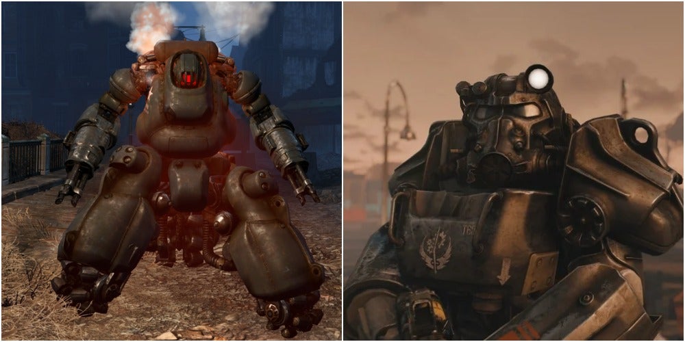 A sentry bot about to overheat and a close-up of a member of the brotherhood of steel standing in power armor.