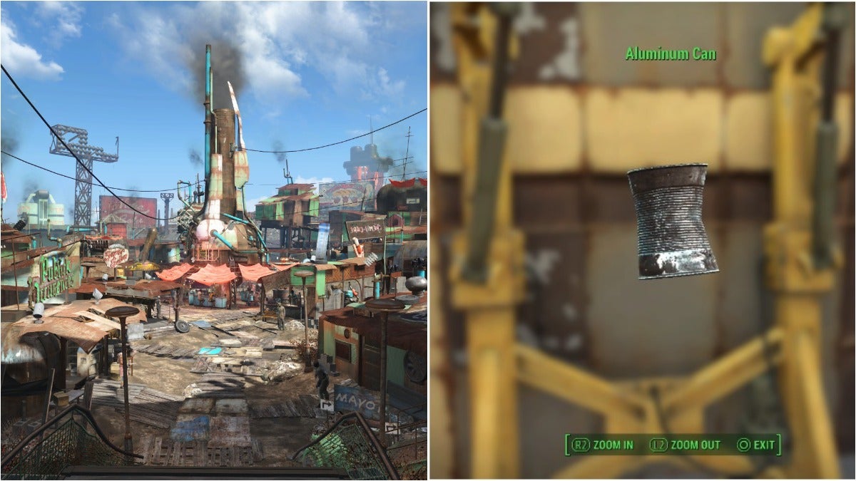 On the left is a wide shot of the rusty shops of the diamond city market and the right is the player inspecting an aluminum can in first person view.