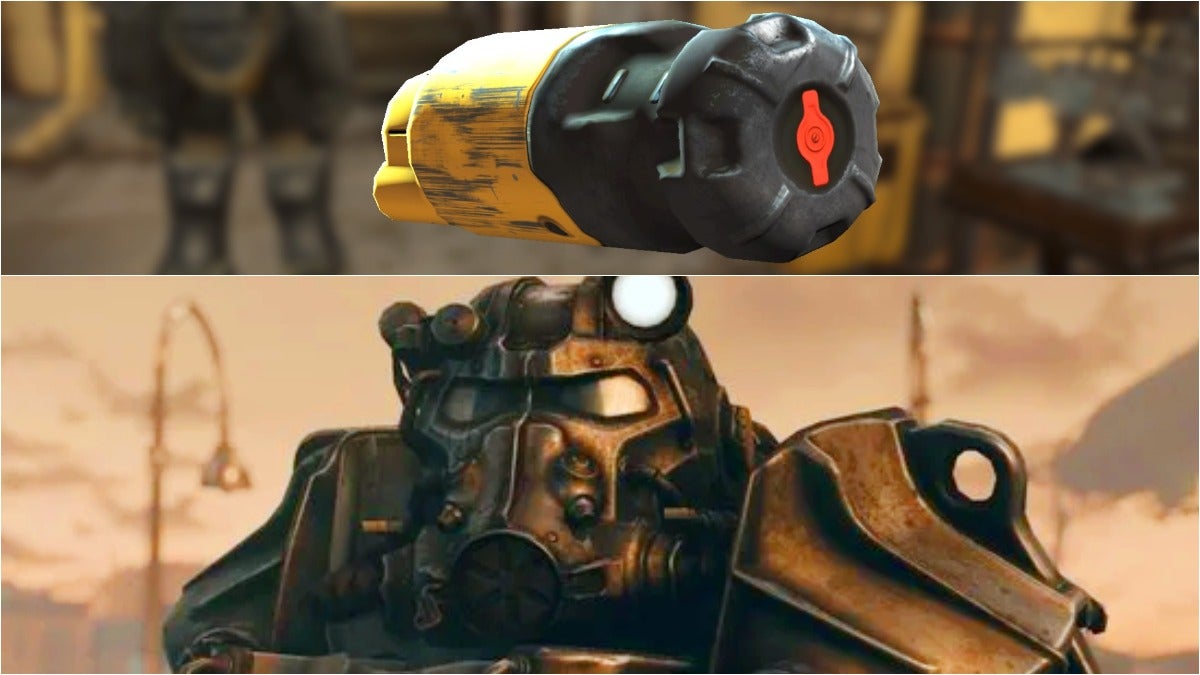 close up of a yellow and grey cylindrical fusion core in the inventory menu and a close up of the helmet of a suit of power armor worn by a npc