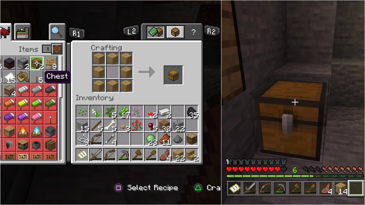 The player making a chest in a crafting table and then placing it on the stone floor in front of them.