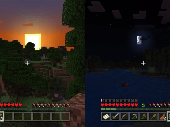 The left image is the sun rising over a forest and the right image is a crescent moon rising over a swamp.
